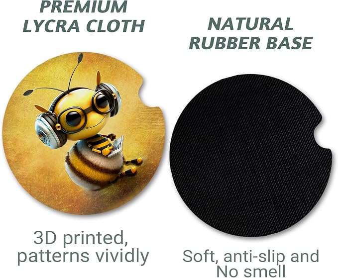 Bee Car Coasters - Anti Slip Rubber Mat with Finger Notch, 2 Pack for Car Cup Holders, Cute Interior Accessories
