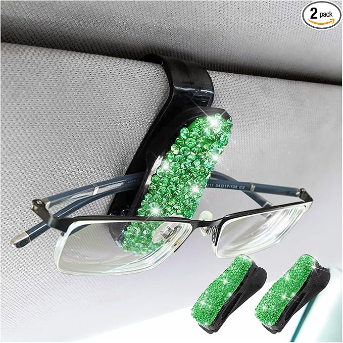 Moly Magnolia Bling Car Glasses Holder, 2PCS Handcrafted Crystal Rhinestones Fashion Car Sunglasses Mount with Card Clip for All Sun Visors, Auto Interior Accessories for Women Girl (Green)
