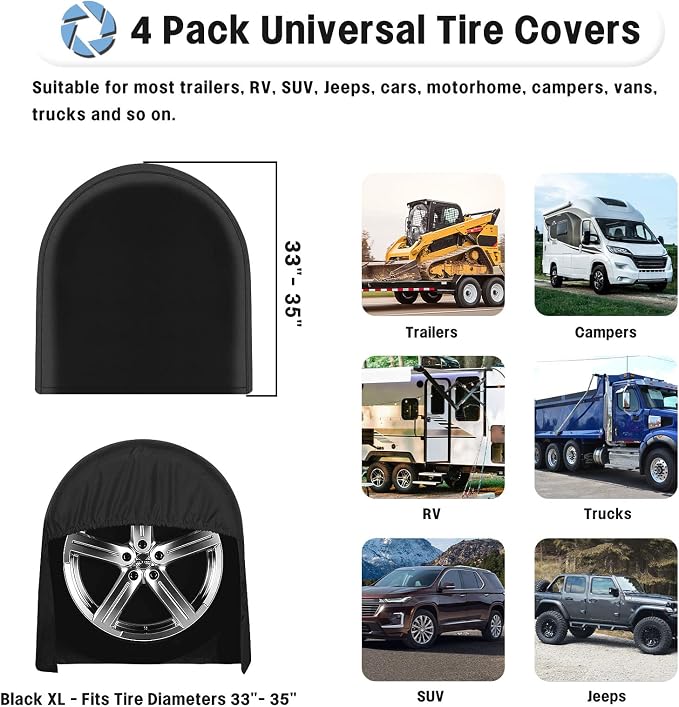 OutdoorLines Waterproof Tire Covers Set of 4 | UV Proof Trailer Wheel Cover for RV Jeep Trailer Camper Van Truck, Universal Tire Covering Fits Diameters 33"-35", Black