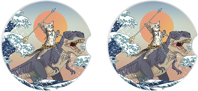 Car Coasters Pack of 2,Absorbent Ceramic Car Coasters Set for Women/Men,Drink Cup Holder Coasters,with A Finger Notch for Easy Removal(Cat and Dinosaur)