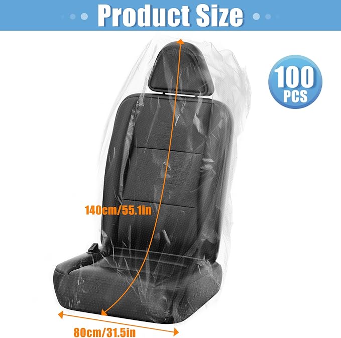 MYFAMIREA 100 PCS Disposable Car Seat Covers Clear Plastic Vehicle Seat Protector, Plastic Seat Covers Protector Universal Water Resistant and Stain Resistant for Cars Auto Truck Bus Airplane