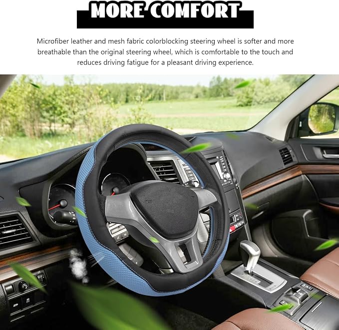 Microfiber Leather Steering Wheel Cover, Breathable Steering Wheel Protector with Anti-Slip Inner Ring, Universal 14.5"-15" Car Wheel Cover Auto Interior Decor for Men Women (Blue)