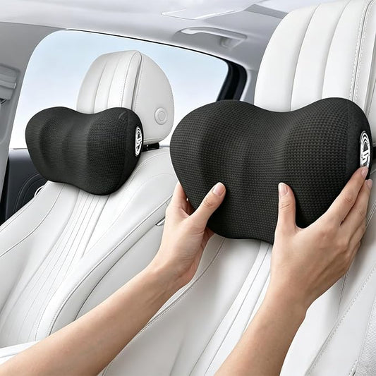 2 Pack Car Headrest Pillow, Soft Support Car Pillow with Adjustable Strap | 100% Memory Foam & Breathable Removable Cover, Ergonomic Design, Universal Neck Pillow for Car & Office Chairs(2 Sleep Masks)