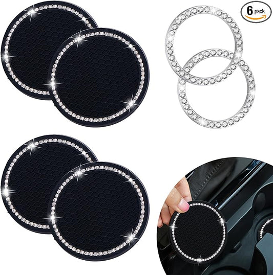 Bling Car Cup Holder Coaster, Anti-Slip Rhinestone Cup Holder Insert (4 Pack) with Push Start Button Cover Button Ring (2 Pack), Shiny Diamond Car Interior Accessories for Women (Black)