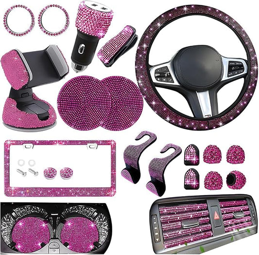 27PCS Bling Car Accessories Set for Women, 14.5-15" Crystal Rhinstone Steering Wheel Cover, License Plate Frame, USB Charger Phone Holder, Girly Auto Decor Kit, Universal Fit (Rose Red)