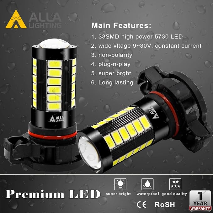 Alla Lighting Super Bright PSX24W 2504 LED Fog Light Bulbs, 6000K Xenon White 2800Lms 12276 Auto 12V Fog Lamps Replacement 5730 33-SMD LEDs