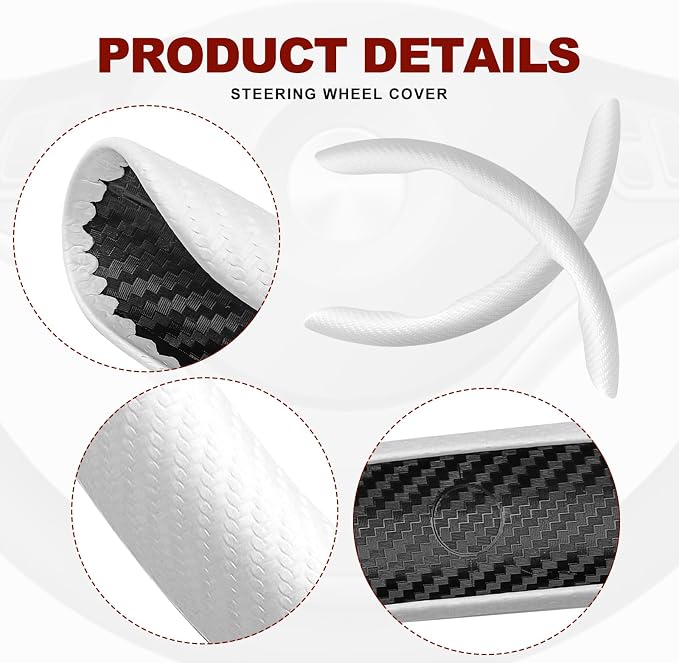 Universal Fit Carbon Fiber Steering Wheel Cover, Segmented Steering Wheel Protector, Carbon Fiber Anti-Skid Steering Wheel Cover Car Interior Accessories (2 Pcs White)
