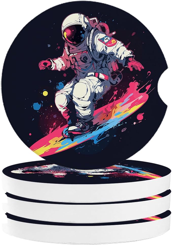 Car Coasters for Cup Holders 2.6" Dia Absorbent Coasters Set of 4 Car Interior Accessories for Women Men Ceramic Car Coaster for Drinks with Finger Grooves,Watercolor Astronaut Skateboard Theme Black
