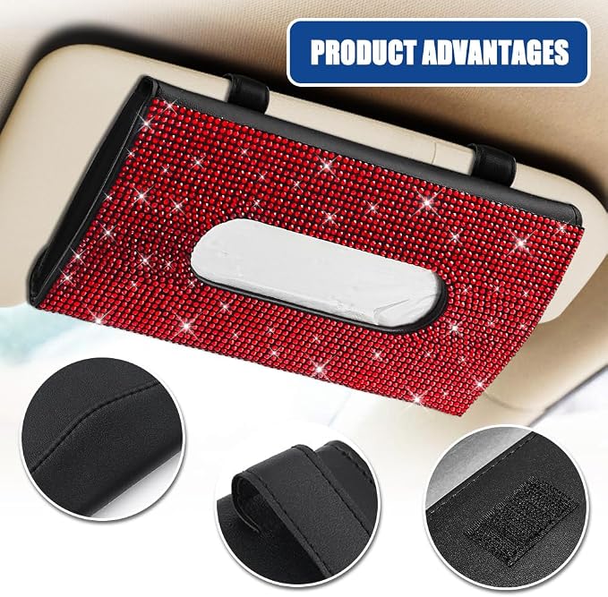 Bling Car Sun Visor Tissue Box Holder, Visor Accessories, Rhinestone PU Leather Crystal Sparkling Napkin Holder, Auto Sun Visor Paper Towel Cover Case Accessories for Most Cars (Red)