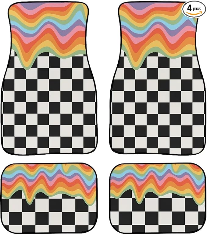 Rainbow Black White Plaid Print Car Floor Mats Set of 4 Checkered Universal Vehicle Floor Carpet Decorative Auto Front Rear Foot Rugs for Trucks SUV Sedan