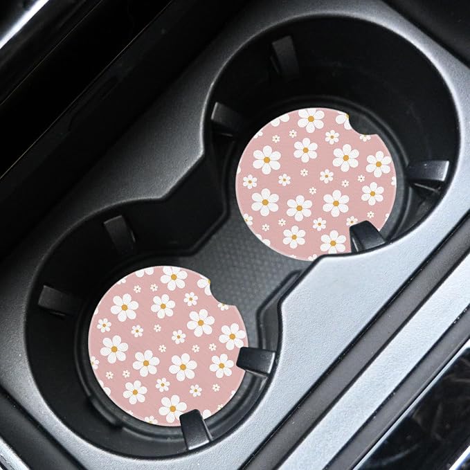 2pcs Cute White Flowers Car Coasters,Absorbent Universal neoprener Cup Holder Coasters with a Finger Notch,Car Accessories for Women&Man Interior，2.75" 3