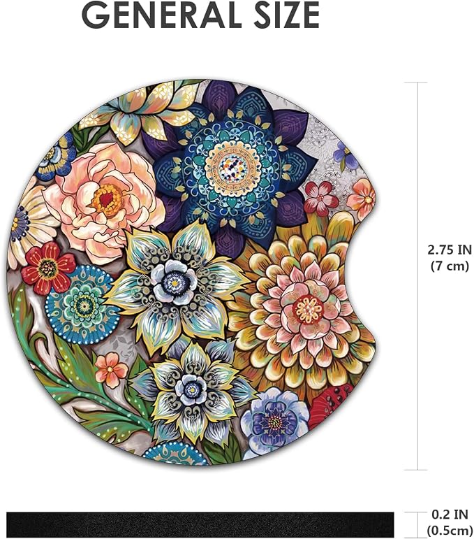 2 Pack Car Coasters，2.75-inch Neoprene Non-Slip Cup Holder Coasters for Car，Cute Car Interior Accessories for Men and Women，Mandala