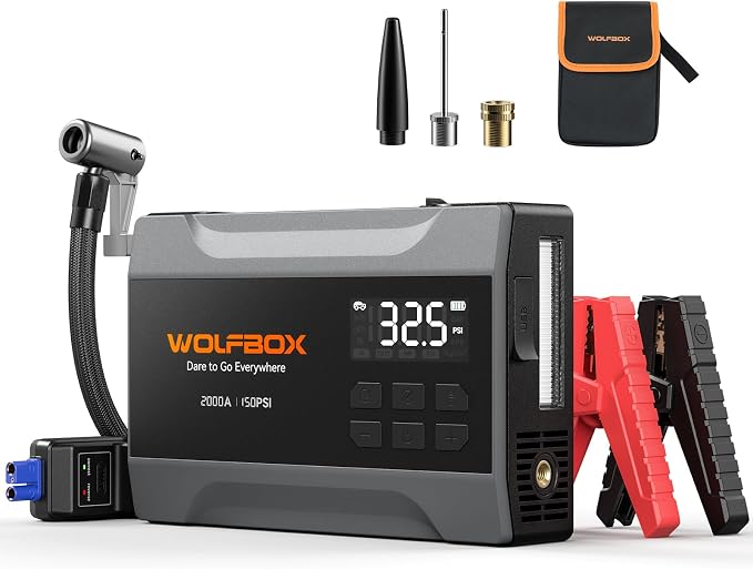 WOLFBOX MV10A 2000A Jump Starter with Air Compressor, 37Wh Car Battery Jumper Starter Portable (up to 5L Gas Engine) with 150PSI Tire Inflator, 12V Jump Box with Jumper Cables, Boost, LED Light