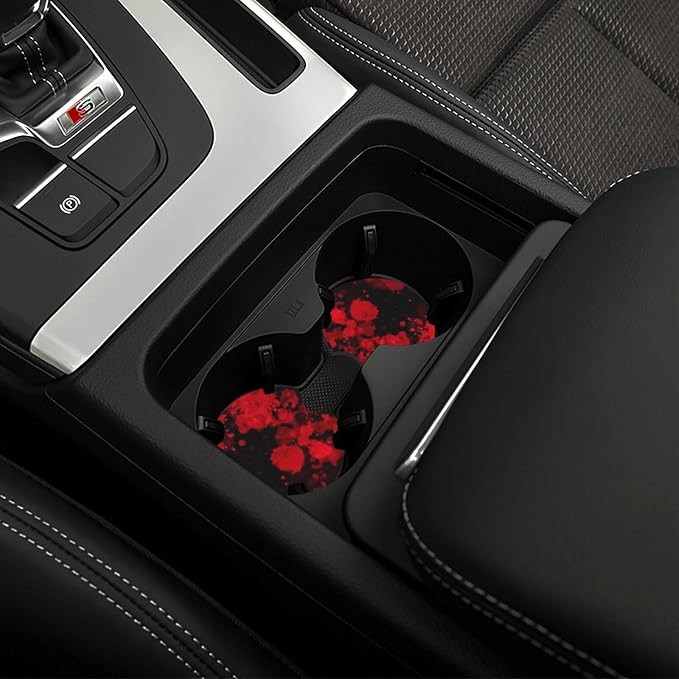 Red Blood Steering Wheel Cover - Classic Horror Blood Splatter Steering Wheel Cover Anti-Slip Breathable for 15 in Universal 2 Pcs Car Interior Cup Holder Pad for Men Women