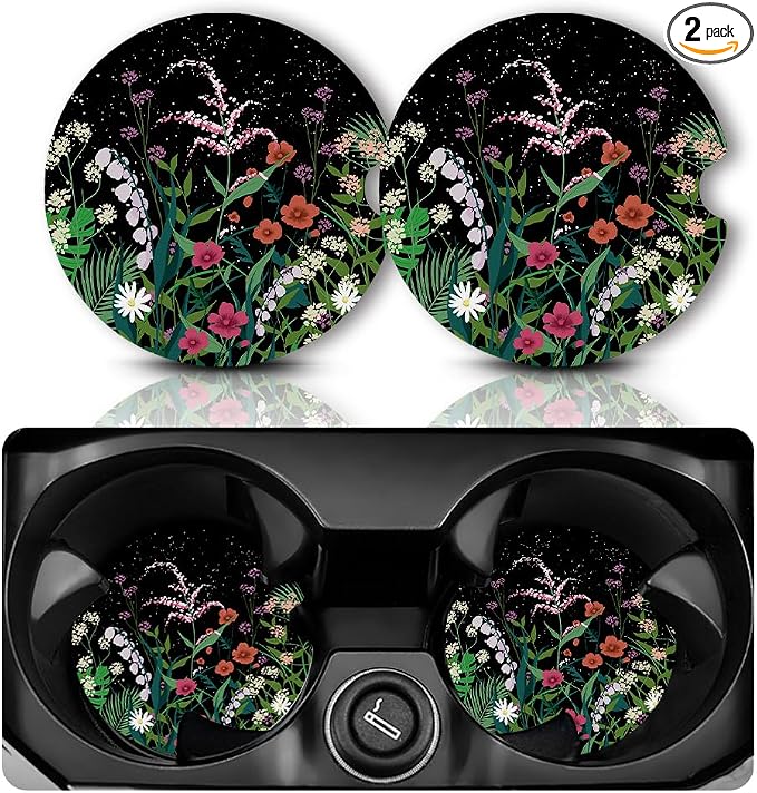 Yonlevres Car Coasters for Cup Holders，2.75" Anti Slip Rubber Mat with A Finger Notch, 2 Pack Car Cup Holder Coasters for Car Interior Accessories for Women Men Flower