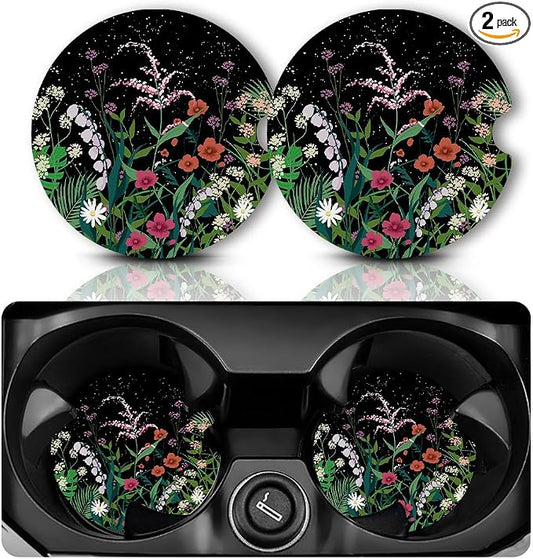 Yonlevres Car Coasters for Cup Holders，2.75" Anti Slip Rubber Mat with A Finger Notch, 2 Pack Car Cup Holder Coasters for Car Interior Accessories for Women Men Flower