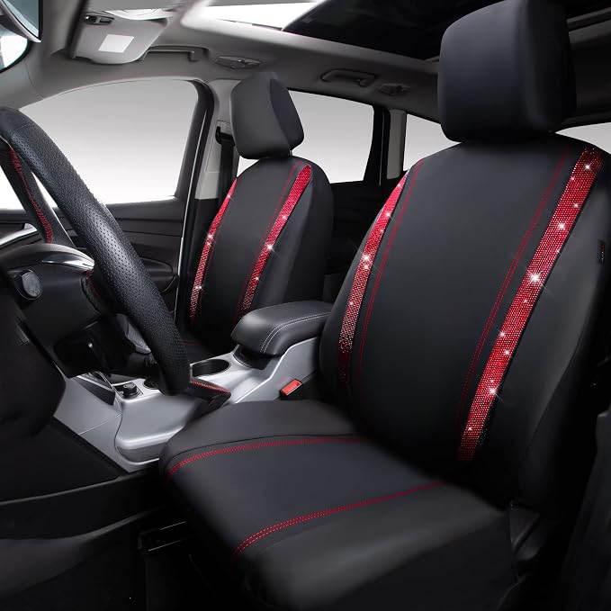 CAR PASS Leather Bling Diamond Car Seat Covers 2 Front Interior Sets, Waterproof Universal Shining Glitter Crystal Sparkle Fit for 95% Automotive Truck SUV Cute Women Girl, Black Red Rhinestone