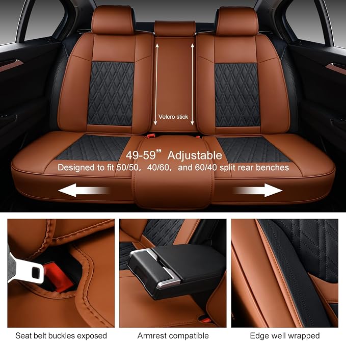 Car Seat Covers Full Set, Breathable Leather Automotive Front and Rear Seat Covers, Car Seat Protectors Full Set,Universal Automotive Vehicle Seat Cover for Most Sedan SUV Pick-up Trucks, Brown&Black