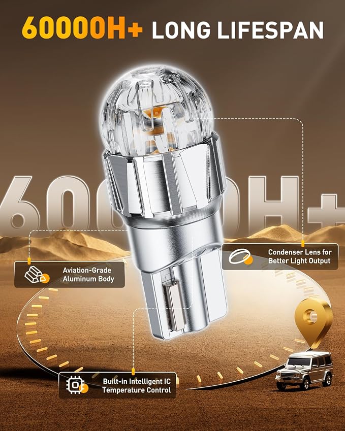 OXILAM 194 LED Bulb Amber Yellow, T10 168 2825 W5W LED Replacement, 700% Brighter Non-Polarity for License Plate Dome Map Door Courtesy Trunk & Side Marker Lights, Pack of 2