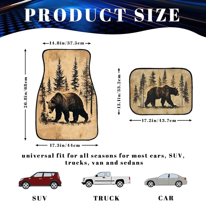 Vintage Deer Bear Car Floor Mats Retro Forest Lodge Rustic Carpet Front Rear Carpets Mat Decorative Car Floor Carpets Non-Slip Auto Car Accessories Universal Fit Car Accessories for Truck