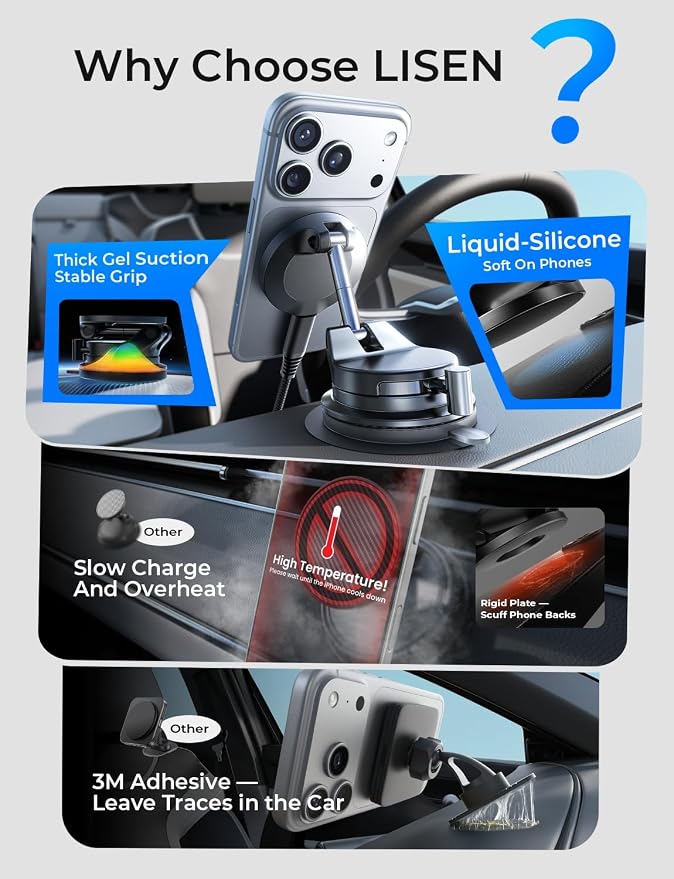 LISEN for 15W Magsafe Car Mount Charger, Magnetic Phone Holders for Your Car, Magnetic Wireless Car Charger, Suction Phone Mount for Car Accessories, Car Mount for iPhone 17 Pro Max 16 15 14 13 12 | [Lever Lock & Easiest Mount] Magsafe Car Mount Charge...