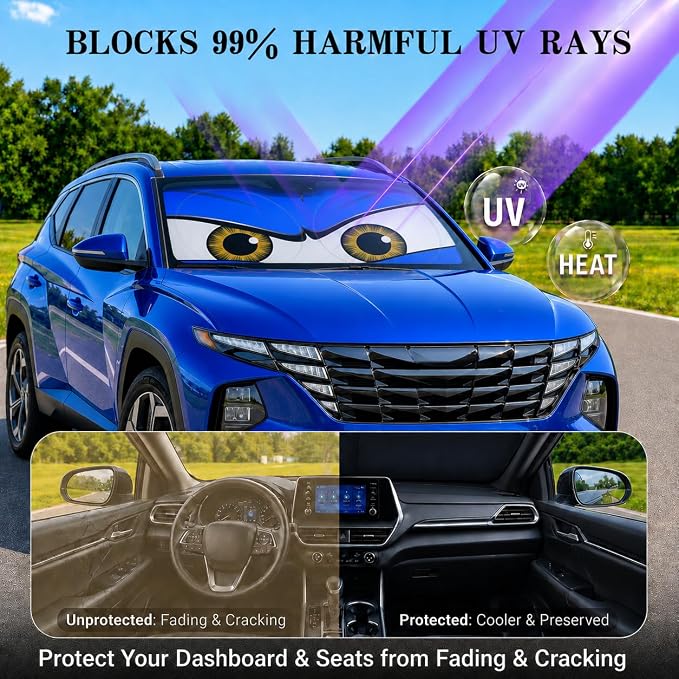 Car Windshield Sun Shade, Universal Fit Midsized Sedan SUV, Monster Blue | 63 x 31.5" Windshield Cover, Foldable Front Window Sunshade, UV Heat Protection, Cute Eyes Series