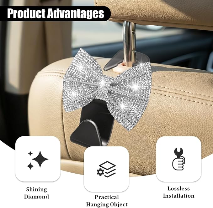 2PCS Bling Bow Headrest Hooks, Car Seat Bag Hangers, White Black | Pvc and rhinestone construction, butterfly bow decoration, rear seat storage, bag and coat hanging, car interior accessories