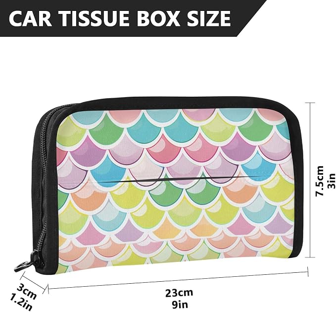 Car Tissue Holder Car Napkin Holder Tissue Box Dispenser Storage Case Sun Visor Mask Holder Accessories with Adjustable Straps Reusable Refillable Bright Multicolor Mermaid Scale