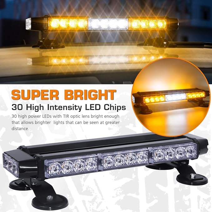 LINKITOM LED Strobe Flashing Light Bar -Double Side 30 LED High Intensity Emergency Hazard Warning Lighting Bar/Beacon/with Magnetic for Vehicle Trucks Roof Safety (Amber&White)