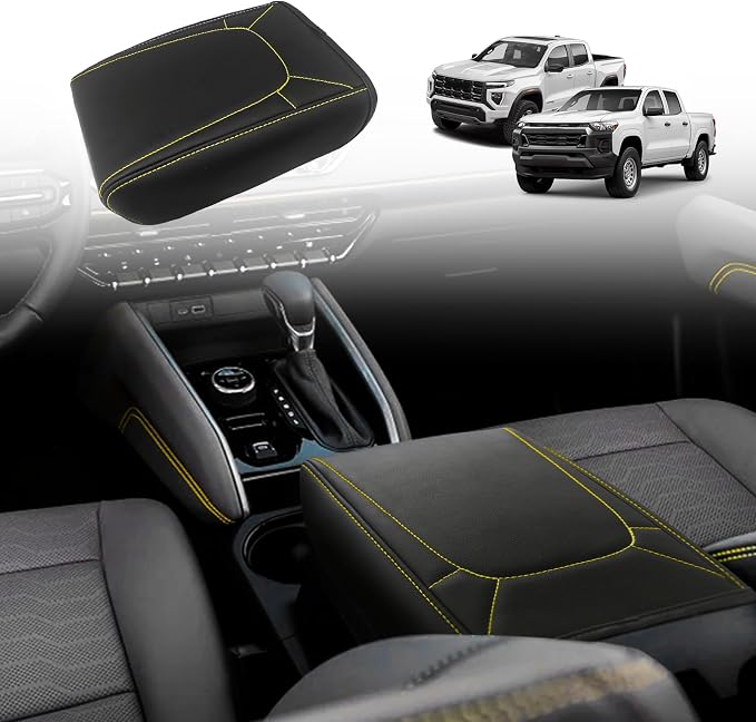 Muslogy Center Console Armrest Cover Fit for Colorado/GMC Canyon 2023 2024 2025 2026 Accessories, Comfort Armrest Pad Console Lid Cushion Vegan Leather Regular Thick (Yellow Trim)