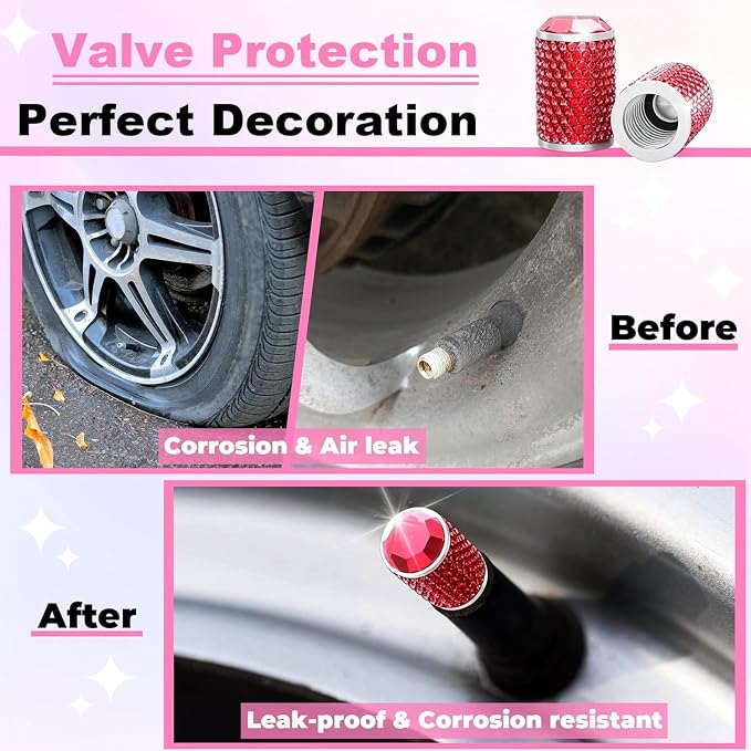 4Pcs Car Tire Valve Stem Caps, Bling Tire Air Cap for Car, Universal Stem Covers, Anodized Aluminum Tires Valve Cap with O Rubber Ring, Crystal Diamond Car Accessories for Women
