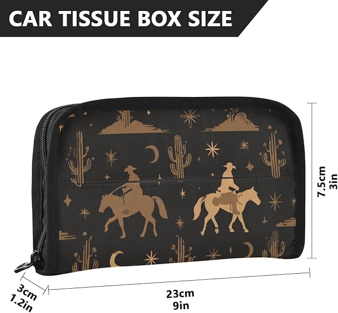 Cowboy Horse Cactus Stars Black Car Tissue Holder Durable Napkin Holder Hanging Tissue Holders Case Car Tissues Bag for Sun Visor Seat Back Universal Auto