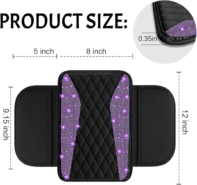 NBTEPEM Bling Purple Car Center Console Cover, Leather Middle Console Cover with 2 Storage Bags, Universal Arm Rest Cover, Bling Car Accessories Interior Fit for Most Vehicles, Purple Diamond