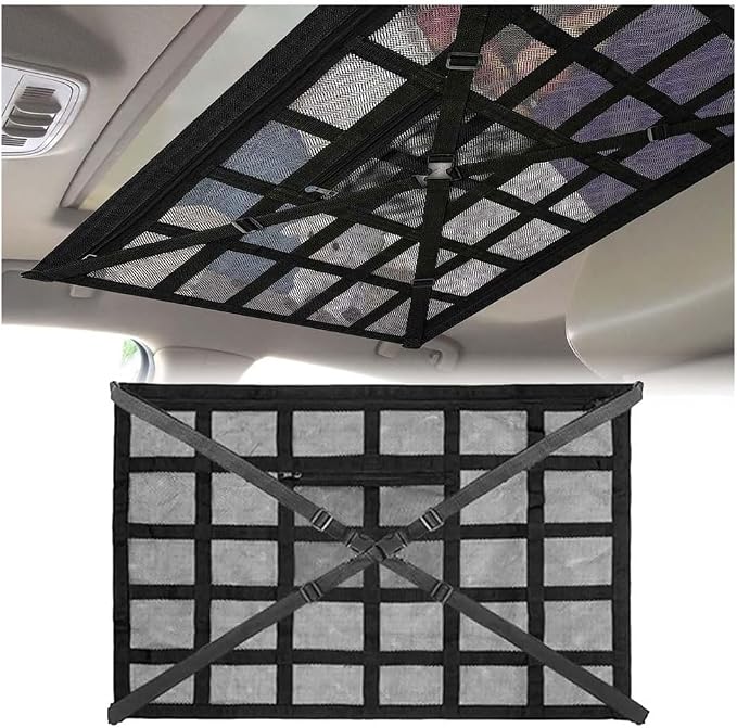 Car Ceiling Storage Net for Jeep Wrangler 1986–2025 2026 YJ/TJ/JK/JL, Double-Layer Roof Cargo Organizer, Interior Overhead Mesh Bag for Travel Essential Storage