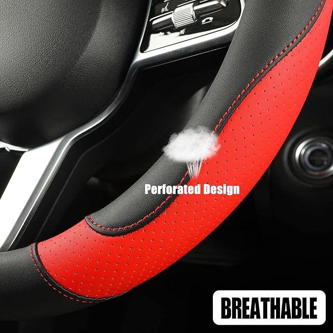 Black Red Microfiber Leather Steering Wheel Cover 15 inch | Breathable Anti Slip Grip Cool Sporty Look Glow for Women Men