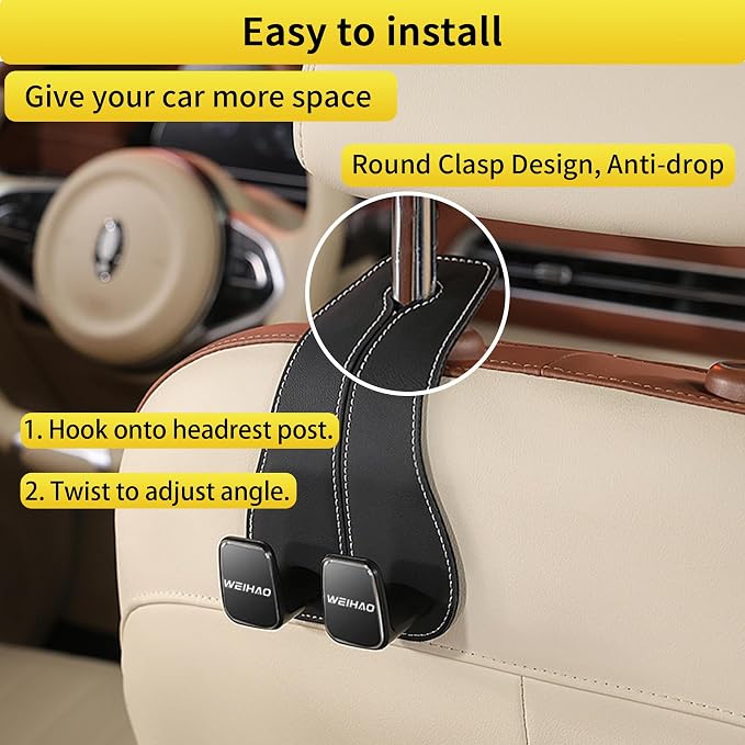 WEIHAO Wide Purse Hook for Car, Twin Hook Leather Car Headrest Hangers, Car Seat Back Storage Hook, Headrest Hooks Purse Bag Holder for Car Universal Fit Sedan Trucks SUVs Most Vehicles (Black-4PCS)