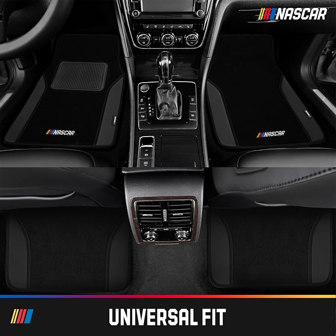 NASCAR Car Floor Mats, Carpet & Black Leather Design Car Mats, Universal-Fit All-Weather Car Floor Mats with Built-in Heel Pad & Anti-Slip Backing, Durable Odorless Automotive Interior Accessories