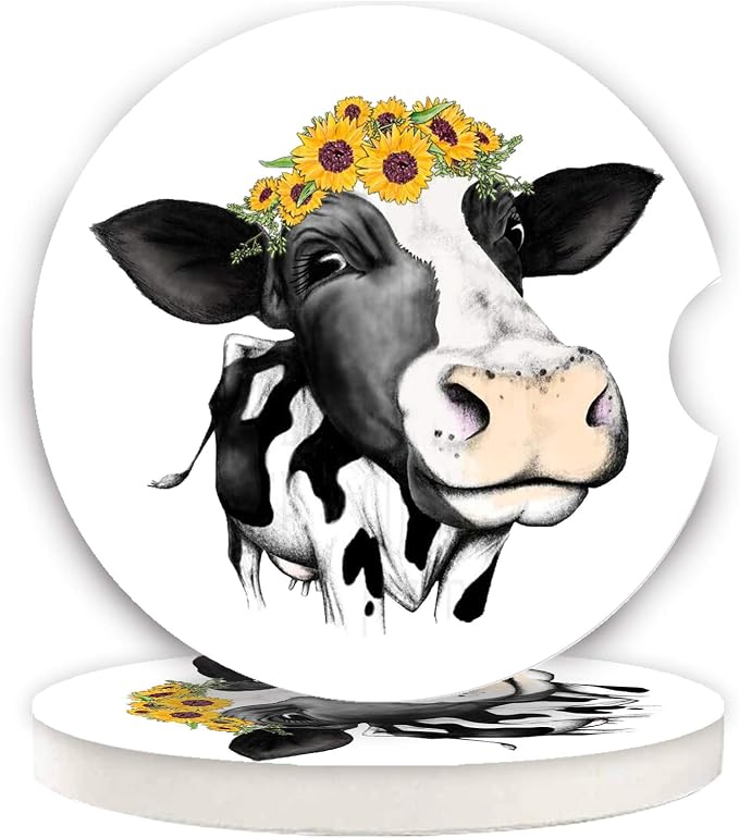 Car Coasters for Women Mother's Day 2 Pack Easter Decorations, Cute Farm Cow Animal 2.56" Absorbent Ceramic Coaster Car Accessories, Keep Cup Holders Clean and Dry, Easy Removal(Cute Cow & Sunflower)