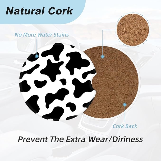 Black and White Cow Print Car Coasters for Cup Holders,2 Pack Car Cup Holder Coasters for Car,Ceramic Absorbent Car Coaster with A Finger Notch and Cork Base,Car Interior Accessories for Women Men