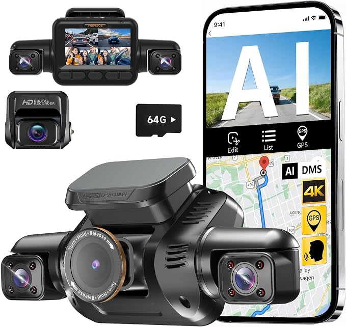 HUPEJOS 4K 360° Dash Cam Front and Rear, 4 Channel Camera for Cars | Upgrade AI Driver Monitor System DMS, 5GHz WiFi GPS, Night Vision, Voice Control, Free 64GB SD Card, 24H Parking Mode, V8Plus