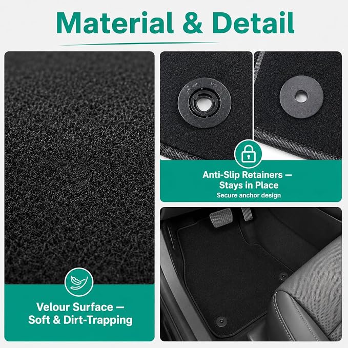GXARTS Custom Fit Velour Carpet Floor Mats for Volkswagen New Beetle 1998-2010 | Full Set Front & Rear | All-Weather with Anti-Skid Retaining Buckle| Black VW Bug Car Floor Mat Accessories