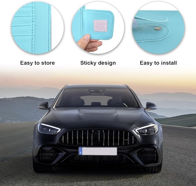 Dickno 2PCS Small Leather Car Sun Visor Organizer, Multifunctional Auto Visor Document Holder with Sunglasses Clip, Universal Car Interior Organizer for Drving License, Card, Pen (Blue)