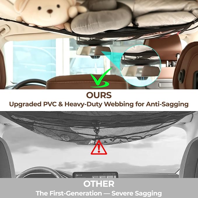 3 or 4 Handles Car Ceiling Cargo Net for Inside Car Roof 32.6 x 22.4'' | 83x57cm Univeral ,INylon Mesh PVC,interior Mesh Storage,Truck Travel Long Road Trip Camping Accessories,Sedan SUV MPV Van