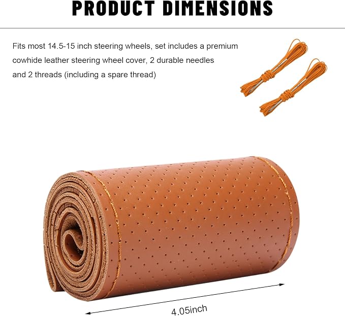 Genuine Leather Steering Wheel Cover, 15 Inch Stitch on Steering Wheel Protector with Needle & Thread, Anti-Slip DIY Sewing Wheels Wrap for Most Vehicles (Brown, Full Hole)