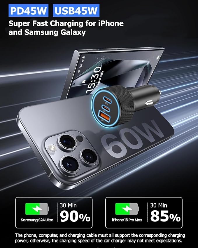 142.5W Car Charger Super Fast Charging Cigarette Lighter USB Phone Accessories Charger Adapter with QC USB c Type c PD Universal Quick Charge Multi 3 Port for 12-24v Car Cigarette Lighter Plug