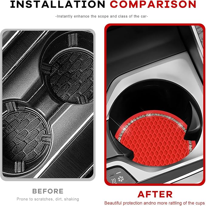 2PCS Bling Car Cup Coaster, 2.69 Inch Anti-Slip Auto Cup Holder Drink Mat w/Crystal Rhinestones, Universal Shiny Diamond Vehicle Insert Coasters Cups Mats for Women (Red & White)