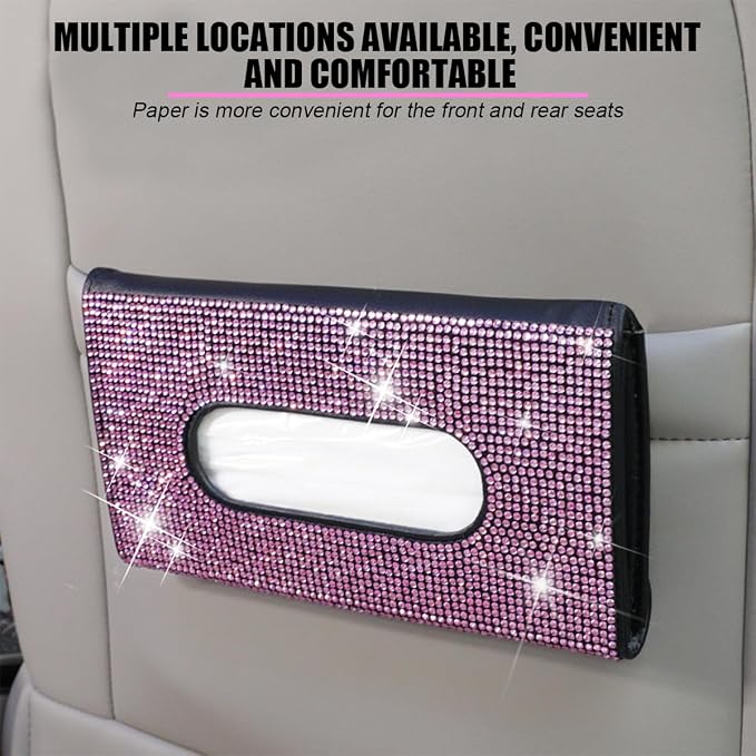 Bling Car Tissue Holder for Sun Visor, Crystal Rhinestone Leather Vehicle Paper Towel Case, Glitter Diamond Auto Napkin Clip Accessories for Women, Universal for SUV, RV, Truck (White/Pink)