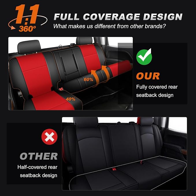 AOMSAZTO Truck Seat Covers for Chevrolet Silverado/GMC Sierra 1500 (2007-2013) 2500 3500 (2007-2014) Black+Red Faux Leather Car Seat Covers Full Set(Rear 40/60 Split for Crew Cab)