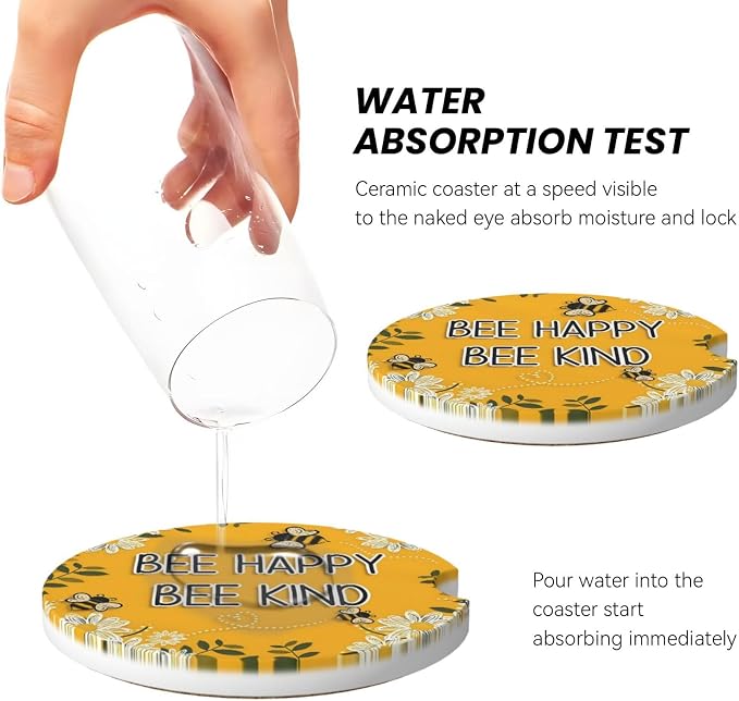 Bee Happy Bee Kind Daisy Absorbent Ceramic Car Coasters 2 Pack Round Insert Cupholder Coaster Car Cup Holder Mat with Finger Notch Anti-Slip Cork Base Reusable Drink Coasters 2.56 in