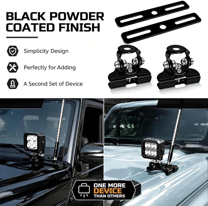 Ditch Light Bracket Extension Dual LED Pod Mount 304 SS Hood Clamp 2PCS | Double Your Lights on One Bracket - 180°/60° Adjustable No-Drill Stainless Steel Hood Mount for Truck SUV ATV UTV - 8mm Max